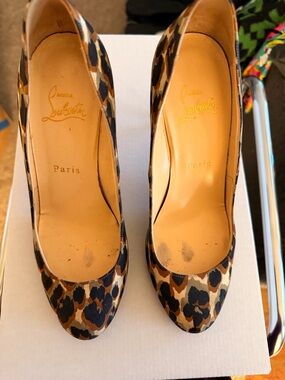 Authentic Christian Louboutin Leopard Print Leather Pumps - Brown/Black/Tan